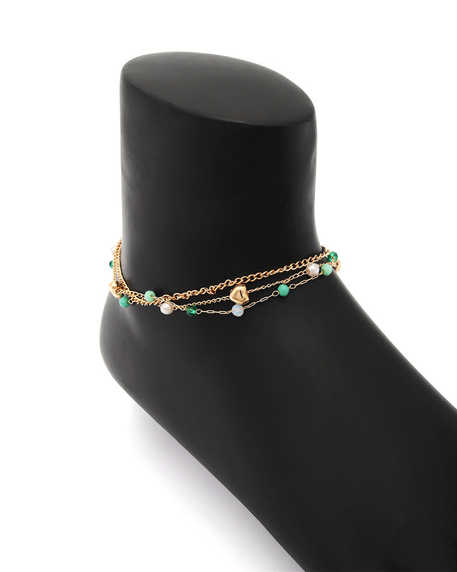 Green Beaded Layered Heart Anklet