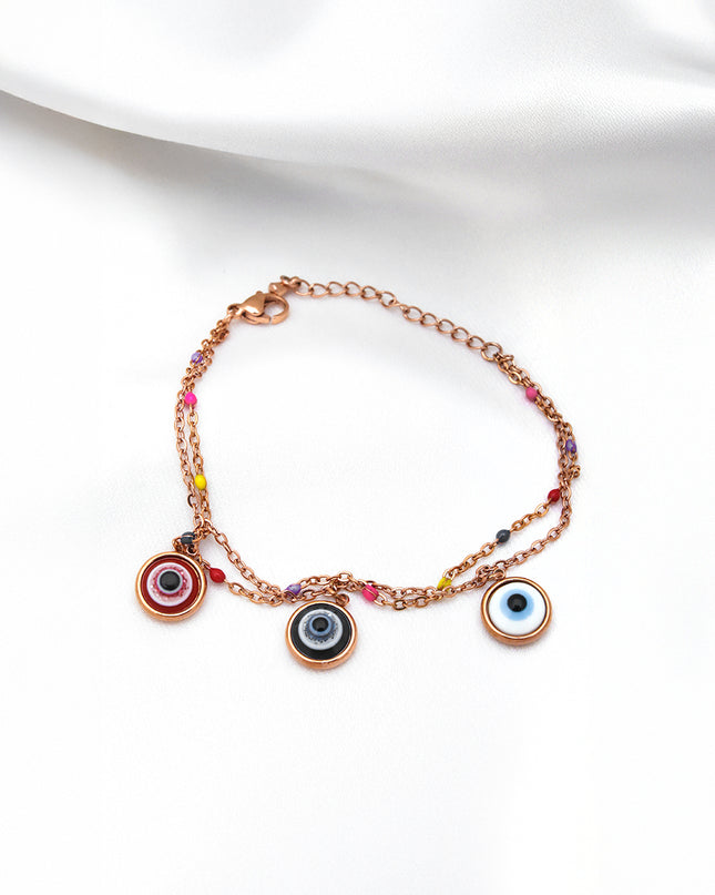 Rose Gold Evil Eye Layered Charm Bracelet