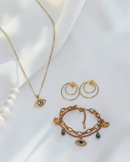Rakhi Combo Collection – Nazar Chain, Evil Eye Bracelet & Hoop Earrings Gift Set