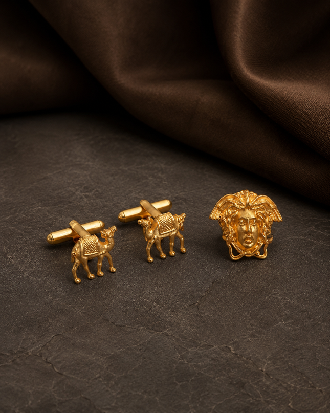 Brother's Luxe Rakhi Combo – Versace Brooch & Camel Cufflinks | Premium Gift Set