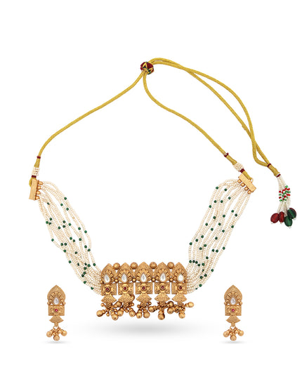 Traditional Pearl & Green Beaded Necklace Set