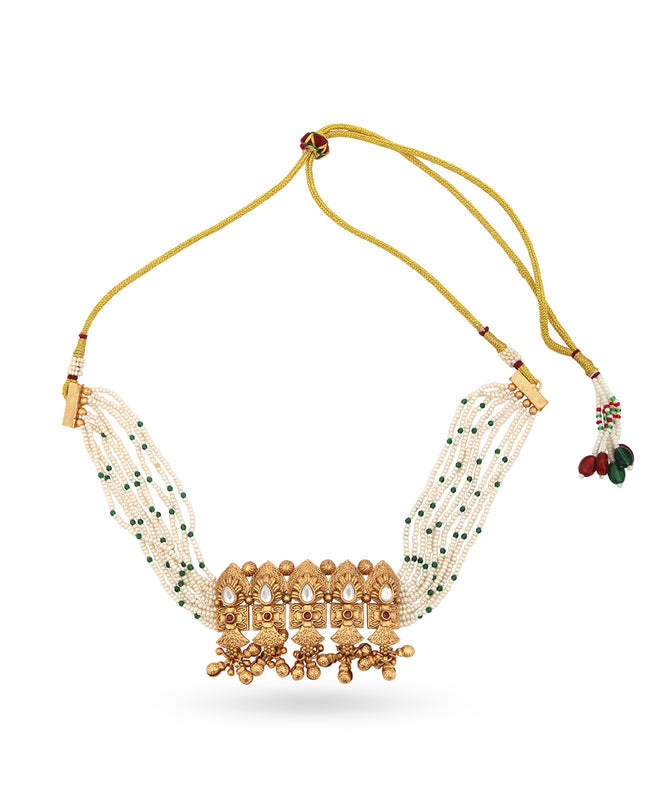 Traditional Pearl & Green Beaded Necklace Set
