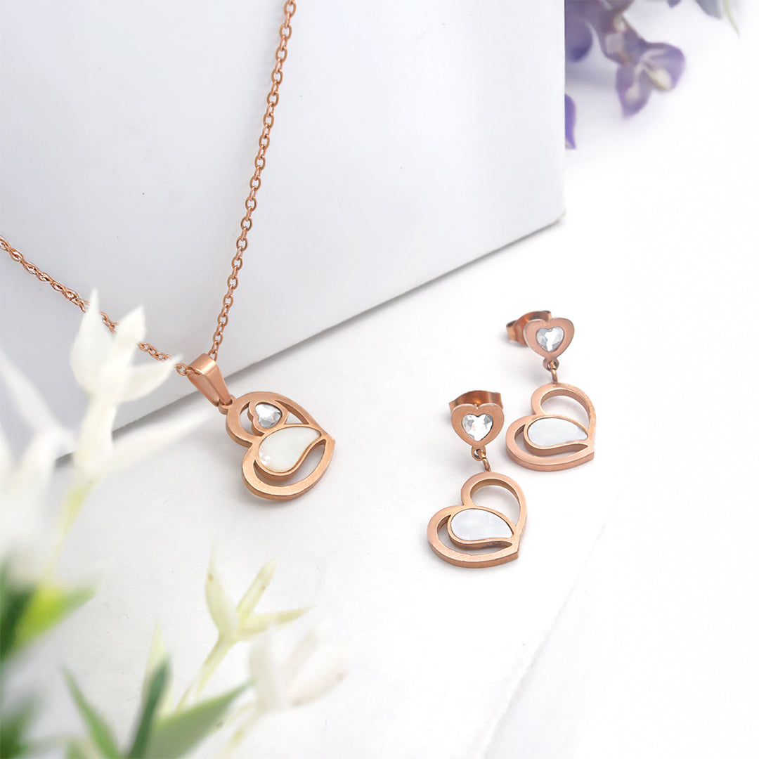 Serenita Set – Twin Heart Rose Gold Necklace & Earrings