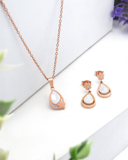 Elara Set – Teardrop Rose Gold Pendant & Earrings