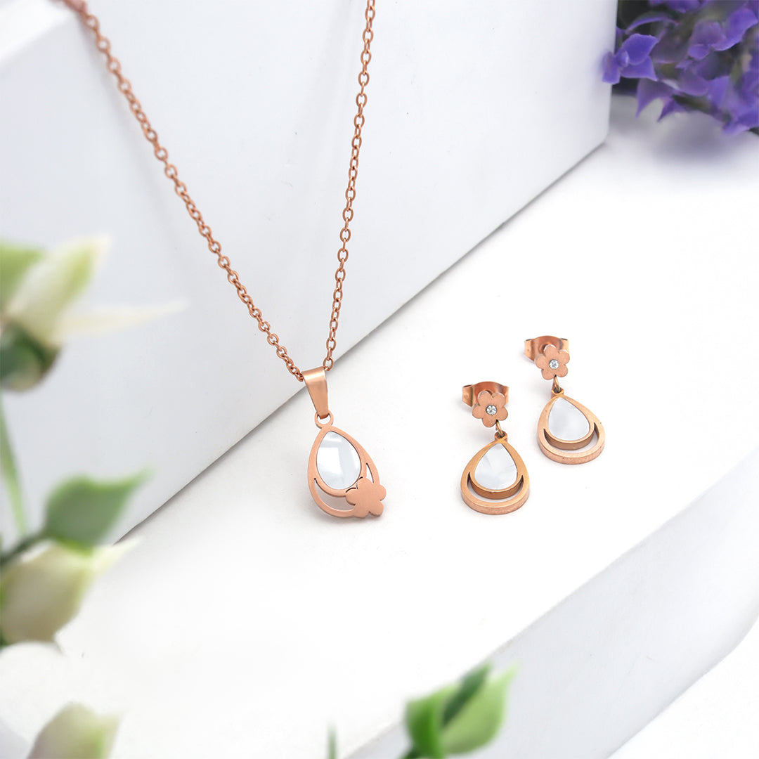 Elara Set – Teardrop Rose Gold Pendant & Earrings