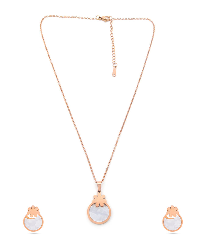 Blush Bloom Set – Floral Round Pendant Necklace & Earrings
