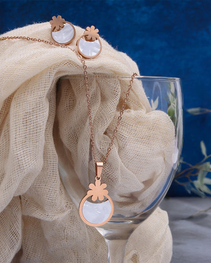 Blush Bloom Set – Floral Round Pendant Necklace & Earrings