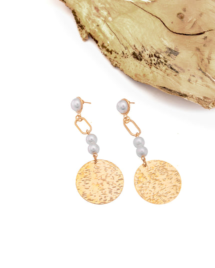 Elegant Pearl & Textured Gold Disc Drop Earrings