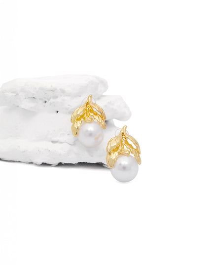 Golden Leaf Pearl Drop Earrings
