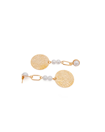 Elegant Pearl & Textured Gold Disc Drop Earrings