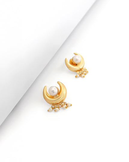 Golden Crescent Pearl Charm Earrings