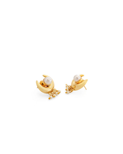 Golden Crescent Pearl Charm Earrings