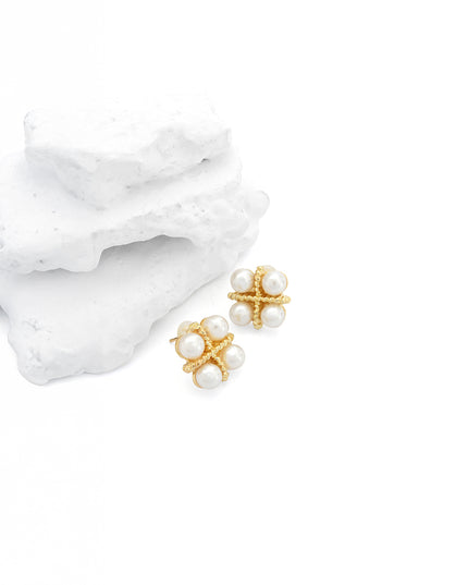 Pearl Cross Cluster Stud Earrings