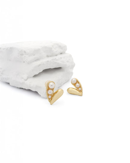 Golden Heart Pearl Stud Earrings