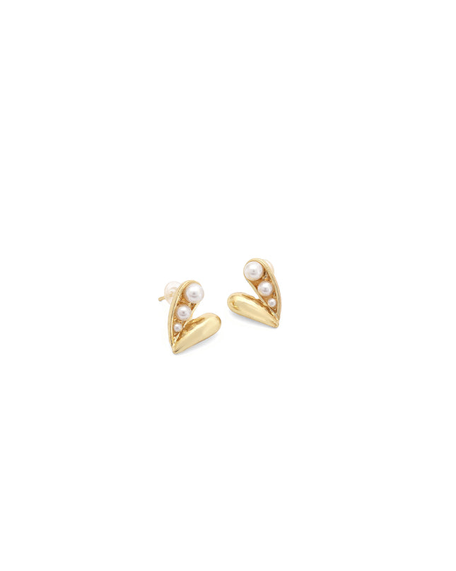 Golden Heart Pearl Stud Earrings