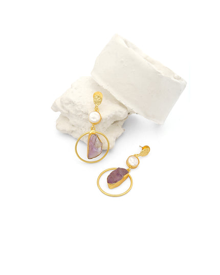 Crag Collection Raw Amethyst & Pearl Gold Drop Earrings