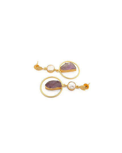Crag Collection Raw Amethyst & Pearl Gold Drop Earrings