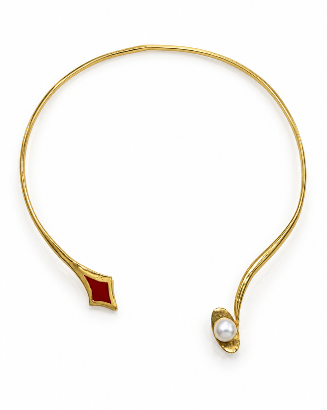 Elegant Ruby & Pearl Open Collar Necklace