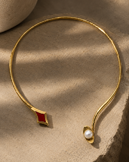 Elegant Ruby & Pearl Open Collar Necklace