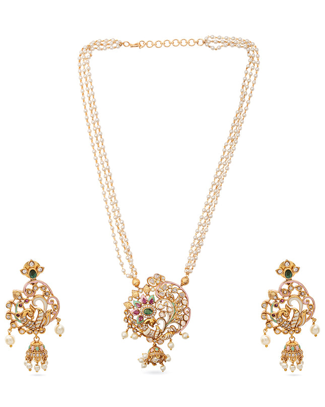 Mayura Set – Pearl Chain Necklace with Peacock Motif
