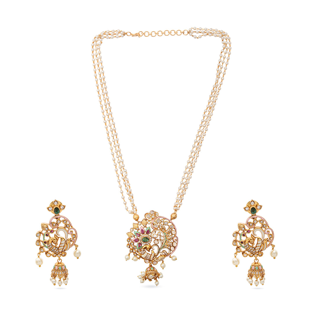 Mayura Set – Pearl Chain Necklace with Peacock Motif