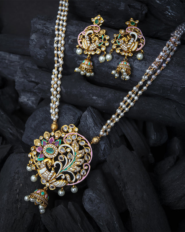 Mayura Set – Pearl Chain Necklace with Peacock Motif