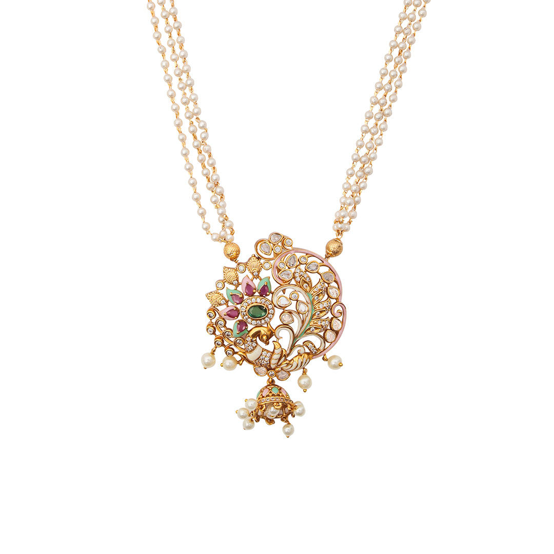 Mayura Set – Pearl Chain Necklace with Peacock Motif