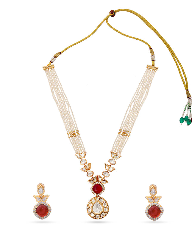 Rudrakshi Set – Red Stone & Polki Pearl Necklace
