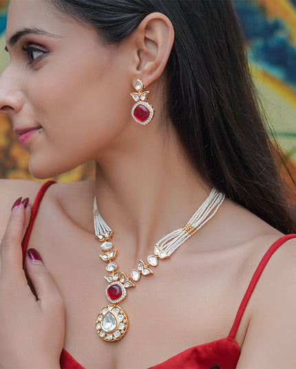 Rudrakshi Set – Red Stone & Polki Pearl Necklace