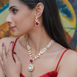 Load image into Gallery viewer, Rudrakshi Set – Red Stone &amp; Polki Pearl Necklace

