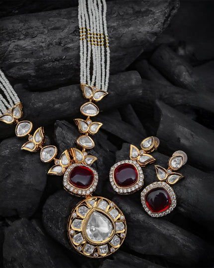 Rudrakshi Set – Red Stone & Polki Pearl Necklace