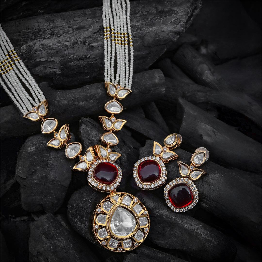 Rudrakshi Set – Red Stone & Polki Pearl Necklace