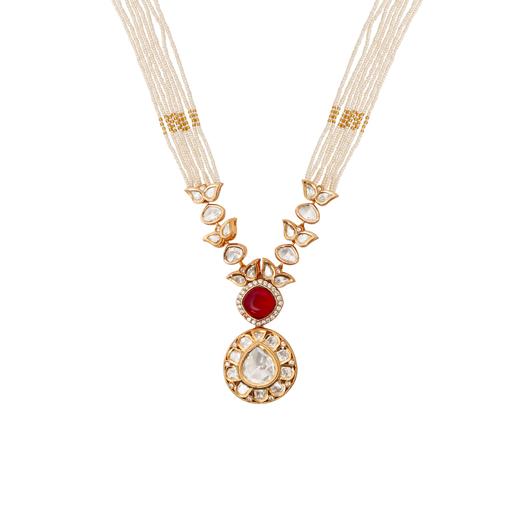 Rudrakshi Set – Red Stone & Polki Pearl Necklace