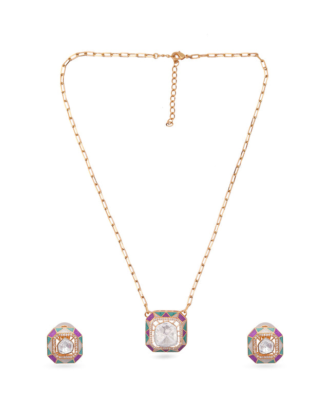 Indira Set – Geometric Polki Pendant Necklace & Earrings