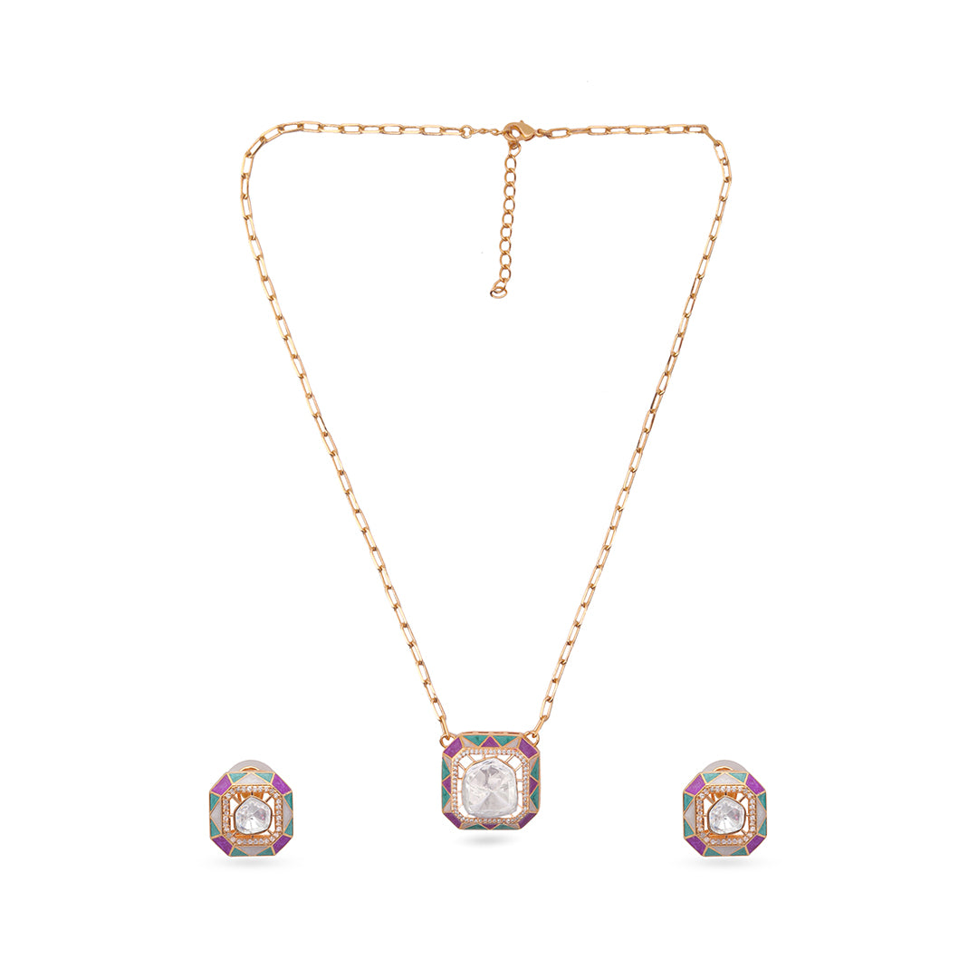 Indira Set – Geometric Polki Pendant Necklace & Earrings