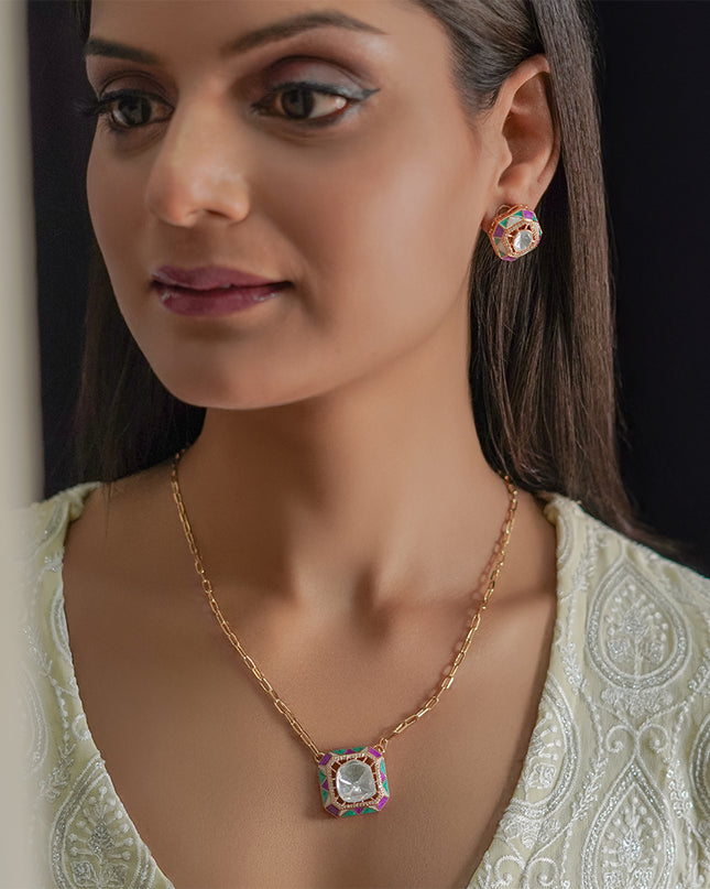 Indira Set – Geometric Polki Pendant Necklace & Earrings