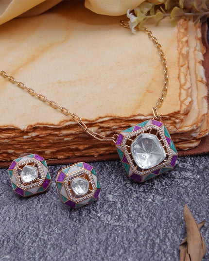 Indira Set – Geometric Polki Pendant Necklace & Earrings