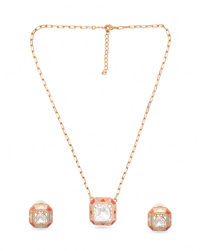 Indira Set – Geometric Polki Pendant Necklace & Earrings