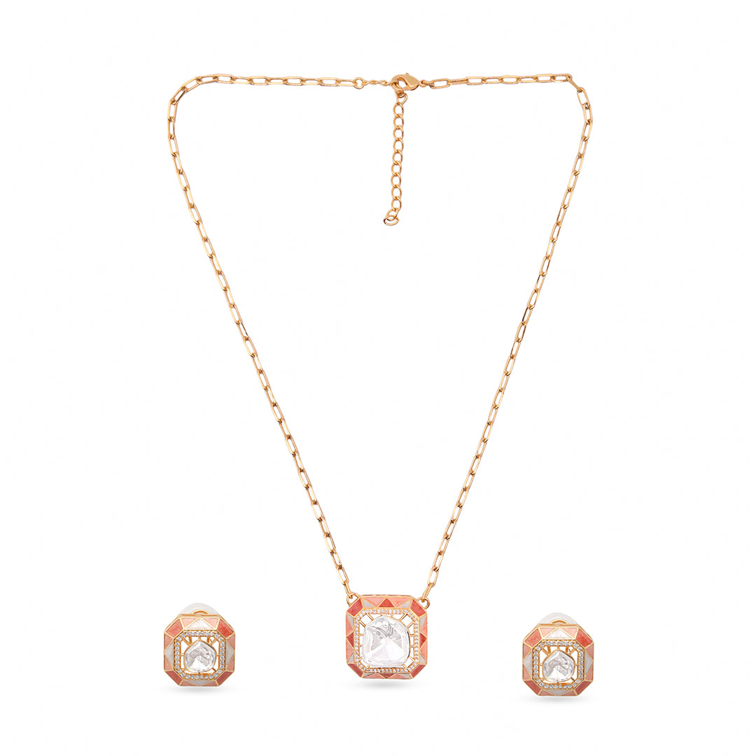 Indira Set – Geometric Polki Pendant Necklace & Earrings