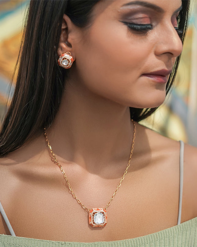 Indira Set – Geometric Polki Pendant Necklace & Earrings