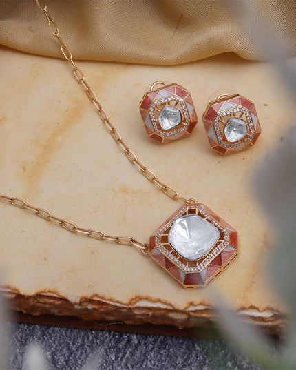 Indira Set – Geometric Polki Pendant Necklace & Earrings