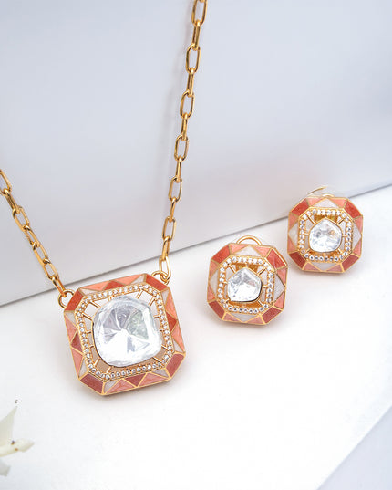 Indira Set – Geometric Polki Pendant Necklace & Earrings