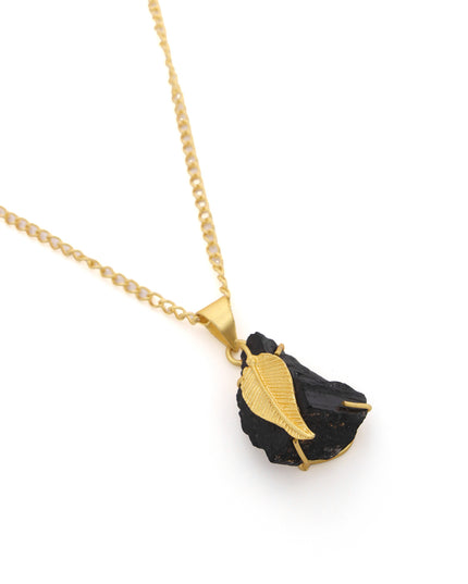 Black Raw Stone Leaf Pendant Necklace – Gold Chain | Nature-Inspired Jewelry